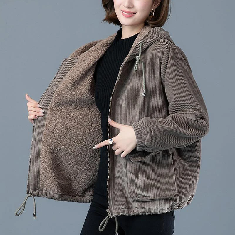 

2024 Fashion Corduroy Women's Coat Autumn Winter Add Velvet Warm Jacket Korean Pocket Hooded Casual Outwear Loose Female Tops