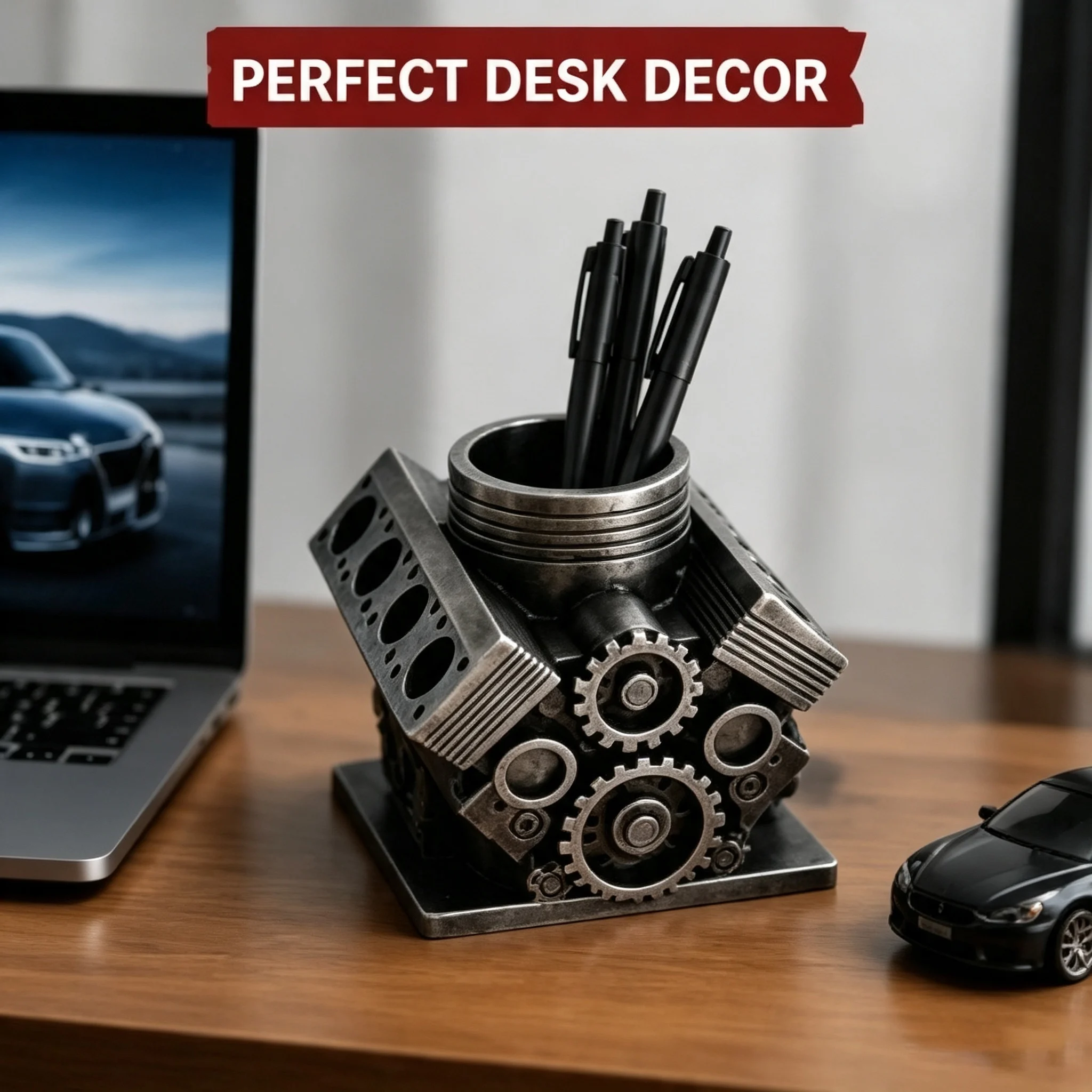V8 Engine Design Pen Holder - Creative Desktop Stationery Organizer and Decorative Home Office Accent