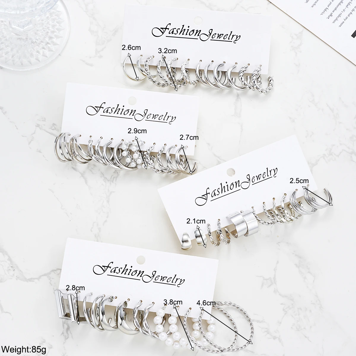 24 Pcs Fashion Vintage Hoop Earrings Set for Women Boho Metal Circle Geometric Twist Pearl Studs Earrings Trendy Jewelry Gifts 6