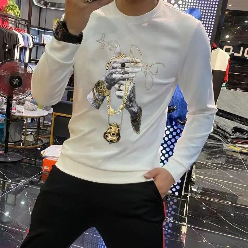 Men's Printed hoodies Spring and Autumn Korean Fashion Fashion Handsome Round Neck Long Sleeve T-shirt Sweatshirts Top