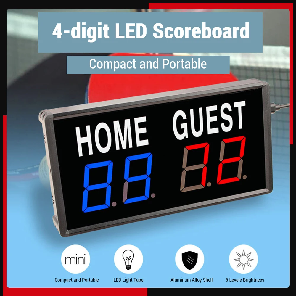 4-Digit LED Electronic Score Keeper Scoreboard with Remote for Basketball Ping Pong Table Tennis
