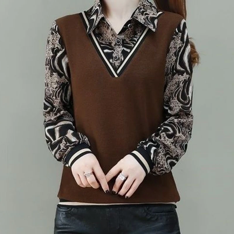 Spring Autumn Fashion Printing Fake Two Pieces Blouse Women High Street POLO Collar Long Sleeve Pullovers Elegant All-match Tops