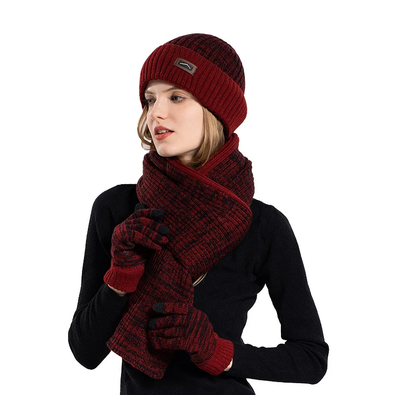 Premium Hat Glove Scarf Three Piece Set Winter Outdoor With Fleece Insulation Ear Protection Knitted Yarn Wool Hat Men Female