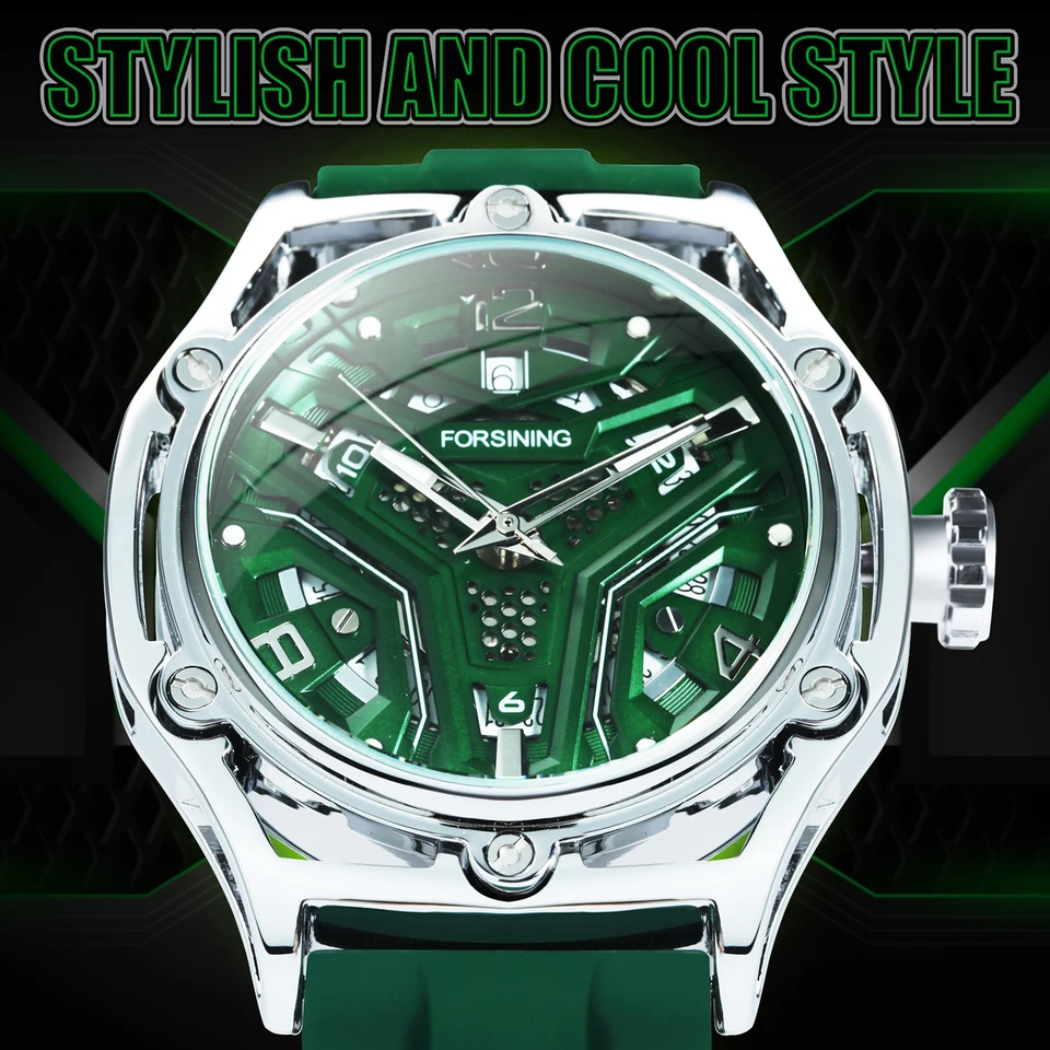 FORSINING Orologio da uomo, quadrante grande rettangolare, orologio al quarzo con cinturino in silicone, cronografo casual, impermeabile, orologi militari da uomo, giallo
