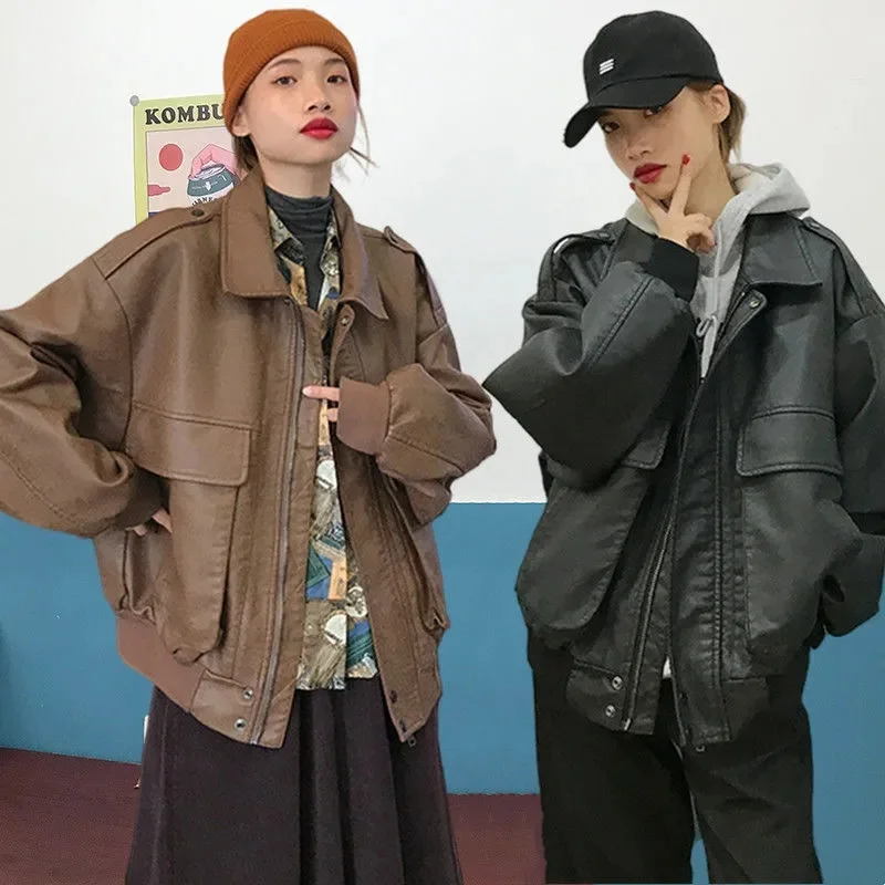 2023 New Style Vintage Leather Coat Women's Autumn Winter Tidal Sugihara Style Jacket Foreign Versatile Plus Plush Thick Couple