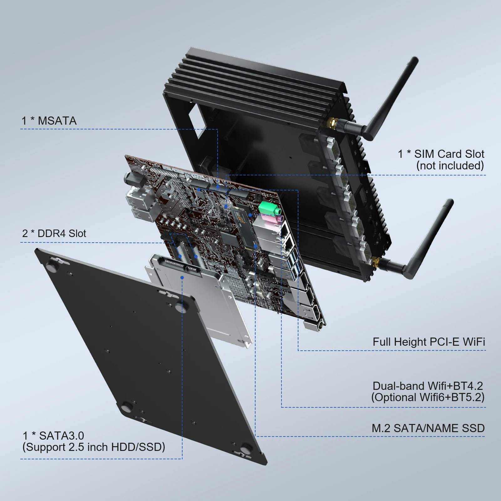 Hystou 1 × Lpt Fanless Mini Pc Intel 8G 16G Ddr4 256G 512G Desktop Hd Dp Edp Bt4.2 Windows11 6 * Rs232 Com Industriële Computer Itx