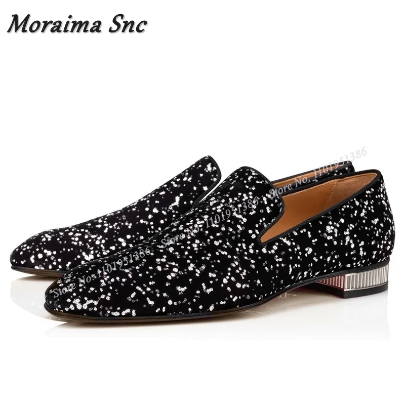 

Moraima Snc New Bling Metallic Heel Men Shoes Handmade Slip on Cover Toe Casual Shoes Low Heel Shoes Party Shoes Big Size 47