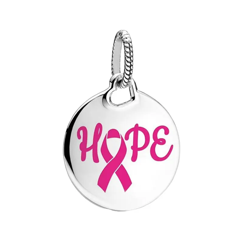 

Hope Pink Enamel Ribbon Round Disc Pendants Charms For Women 925 Sterling Silver Jewelry DIY Bracelets Necklaces Microbeads Bail