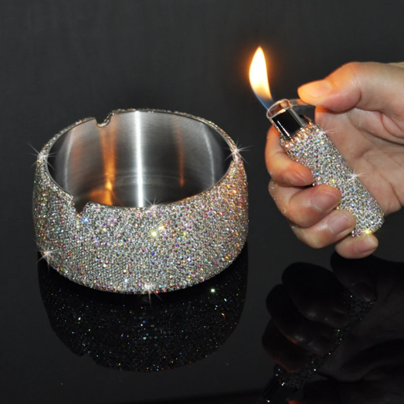DiamondCrystalAshtrayLighterCigaretteCaseSetStainlessSteelCute