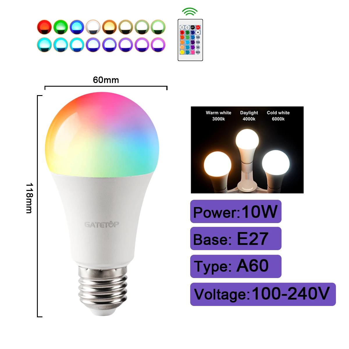 ตัวเลือกสินค้า หลอดไฟ RGBW สปอตไลท์ ปรับสีได้ พร้อมรีโมท E27 E14 B22 GU10