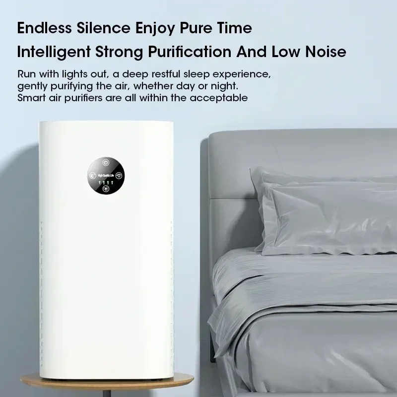 Purificateur d'air allergie vu de côté, grille d'entrée d'air avant visible sur fond neutre.