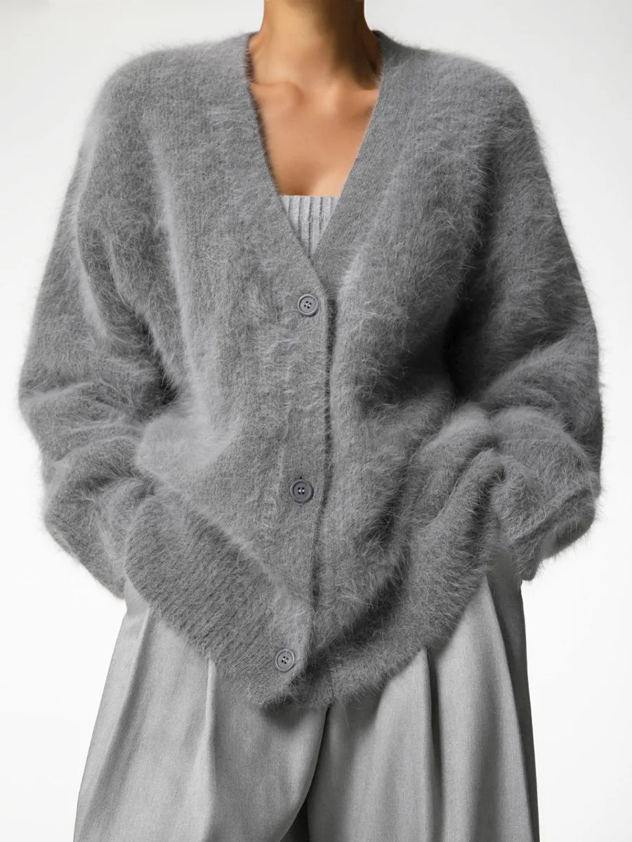 

2023 Autumn Imitation Mink Knitted Button Cardigan Sweater for Women Winter Lady Loose Sleeve V-Neck Sweater Coat Tops Knitwears