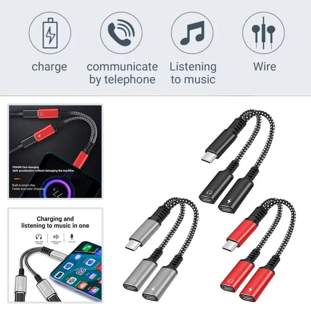 2 in 1 USB C to 3.5mm Headphone Jack Adapter with 60W PD Fast Charging Cable for iPhone 15 16 17 Samsung Xiaomi Audio Aux