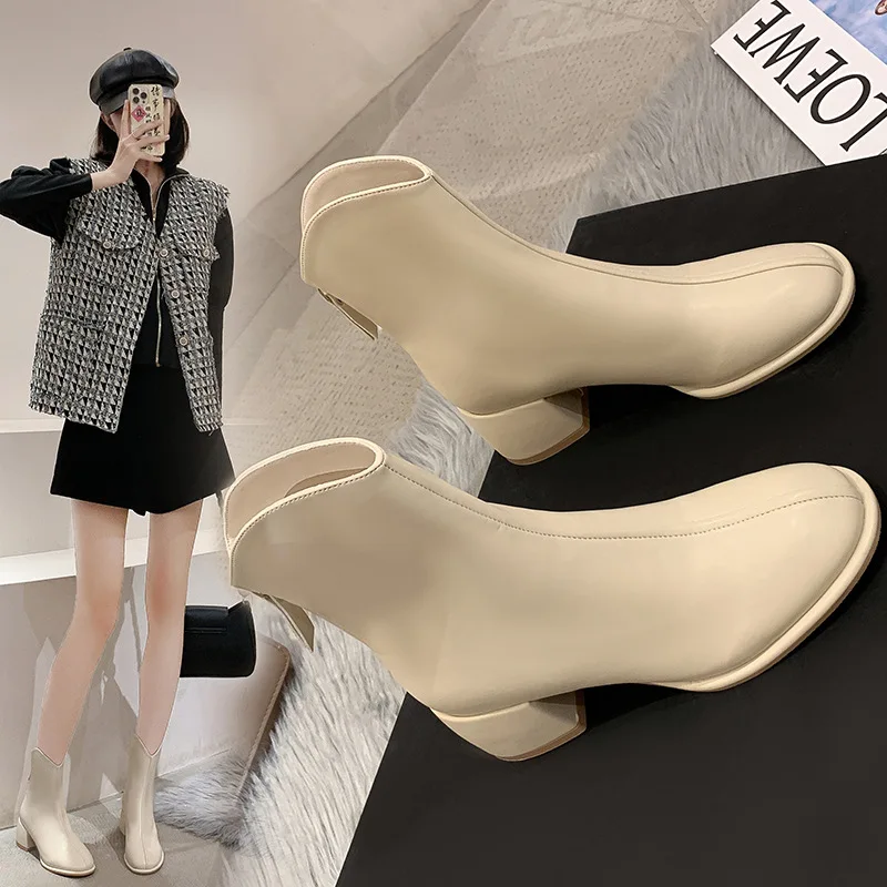 Luxury Brand Women Beige Black High Heels Ankle Boots 2022 Winter Female Square Toe Chelsea Boots High Quality Short Boots