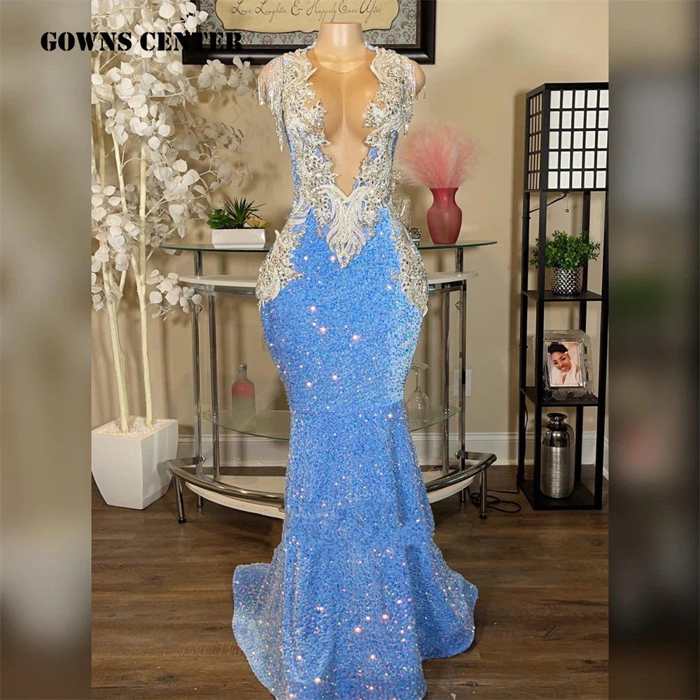 

Crystal Blue Velvet Sequin Mermiad Prom Dresses Black Girl Wedding Valentine's Day Evening Dress Wedding Party Gown Elegant robe