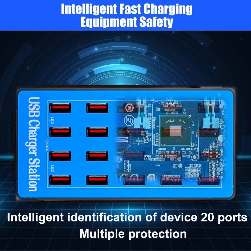 Ultimate 20-Port USB Charging Station - 100W High-Capacity Multi-Device Charger for Smartphones, Tablets, and More