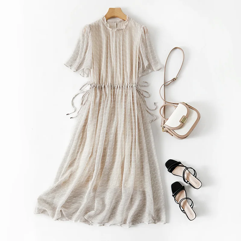 

Pure Silk Dress for Women, O-Neck, Short Sleeve, Waist Lace Up Dress, Geometric Printing, Geometrical Beach Dress, 86014