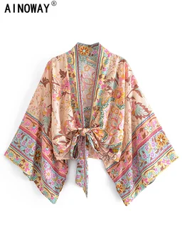Vintage Peacock Floral Print Short Kimono Women Fashion Rayon Cotton Batwing Sleeves Ladies Beach Robe Bikini Boho Cover-ups 1