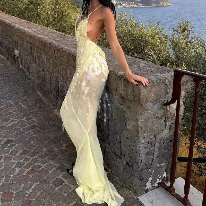 Sexy Yellow Deep V Suspender Embroidered Bodycon Sequined 17th Birthday Homecoming Dress cc4294