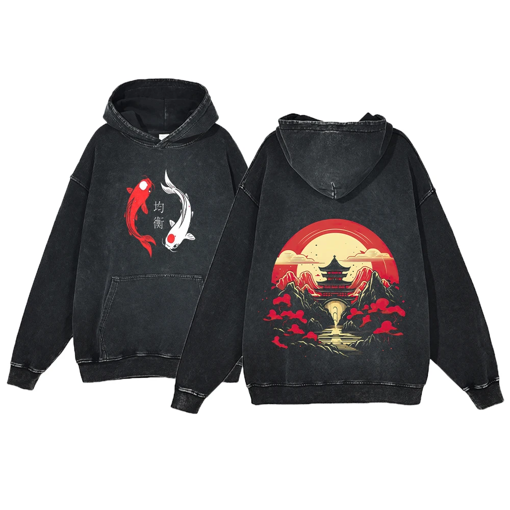 Y2K Anime Hoodie Ukiyoe Koi Fish Vintage Acid Wash Sweatshirt Men Hip Hop Hoodies Long Sleeve Oversized Harajuku Gothic Pullover