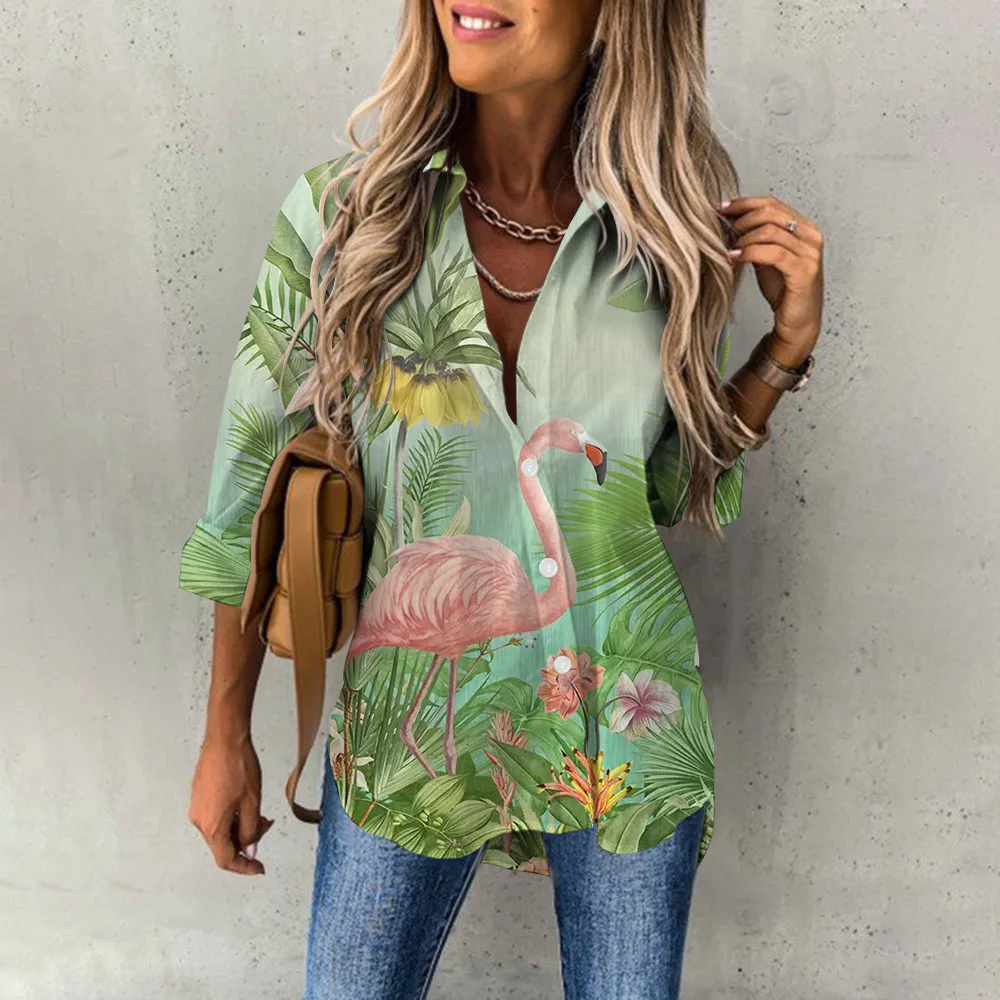 S79c8db7d9da54b049b616e6e6ba579bbh Summer Women's Hawaiian Shirts Hawaii Beach Print Fashion Resort Clothes Polo Collar Long Sleeve Blouse Tops Spring Plus Sizes