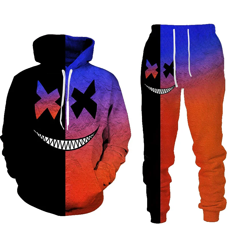 Hip Hop Style Hooded Suit Smiling Face 3D Print Hoodie Suit Autumn Fashion Men's Hoodie 2 Piece Set Street Tracksuit Hoodie Set