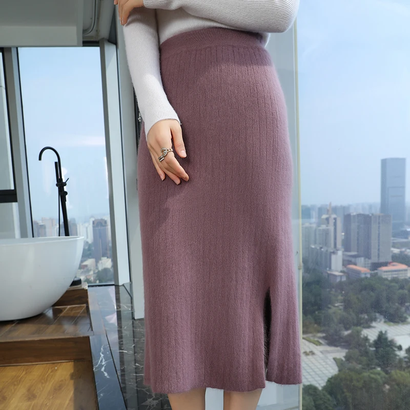 Women Maxi Skirts Autumn Winter Mid-Length Knitted Mink Cashmere High-Waisted Split