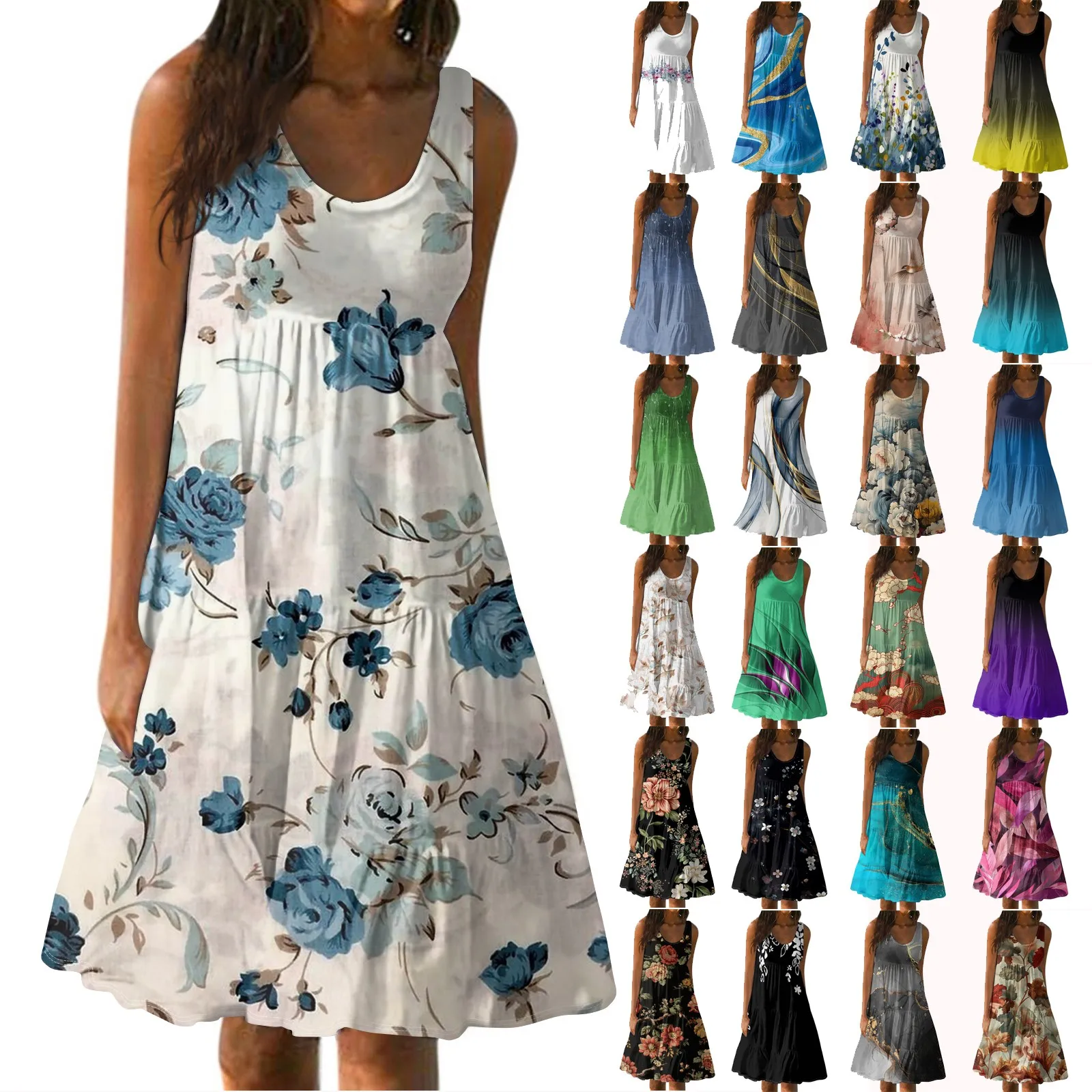 

Women's Summer Fashion Sleeveless Dresses Printed Loose Splicing Casual Beach Dress New Simple Elegant Dress فساتين طويلة