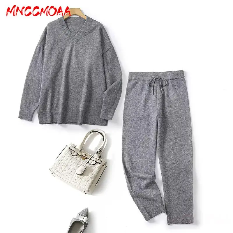 

MNCCMOAA-Женский Свободный пуловер с V-образным вырезом, вязаный свитер, монохромный, с высокой талией, повседневный комплект брюк на шнуровке, женская мода, 2024 г.