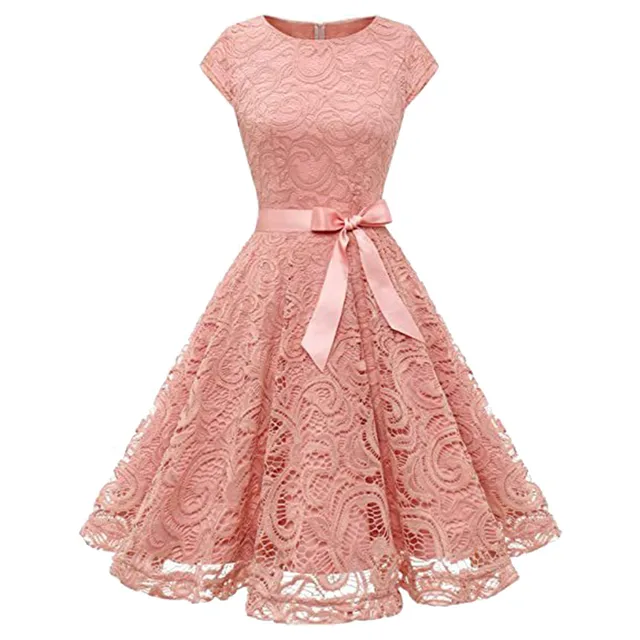 Elegant Women's Lace Party Dress Short Sleeve High Waist A-Line Cocktail - Image 2