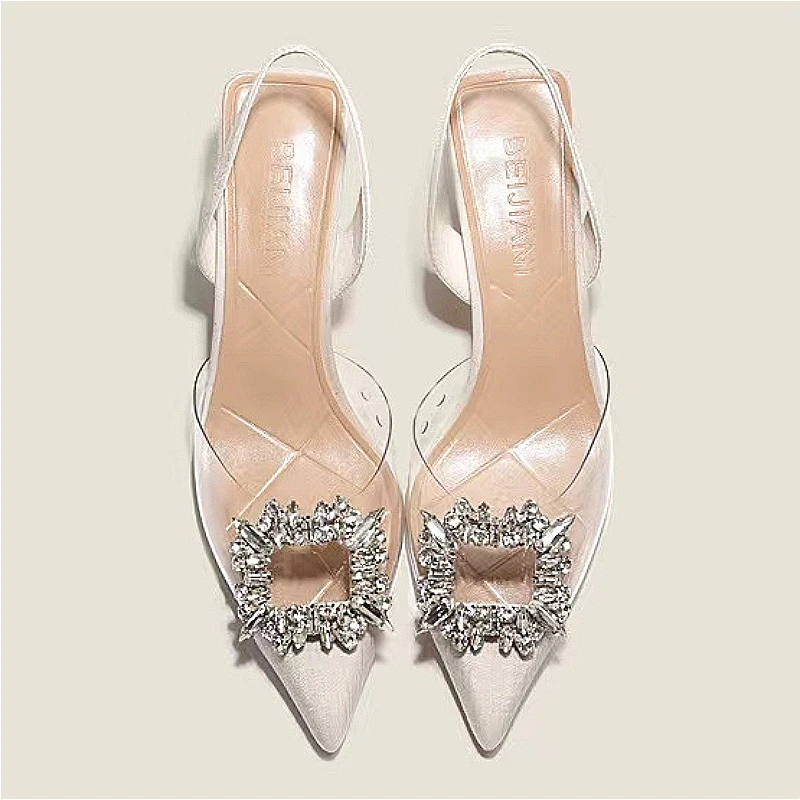 

Босоножки женские на высоком каблуке, модные пикантные Удобные однотонные туфли с острым носком, прозрачные, с кристаллами, лето 2024