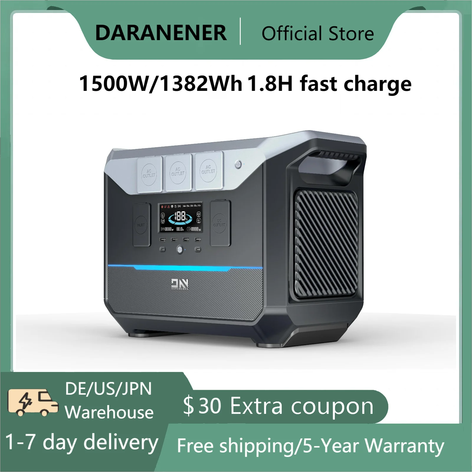 DARANENER 1500W Portable Power Station 220V Solar Power Bank Generator