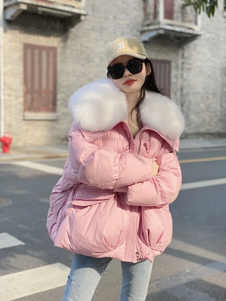 Fashion Solid Color Long Sleeve Lapel Women's down Jacket 2023 Winter New Korean Style Loose Casual Fox Fur Collar Outerwear