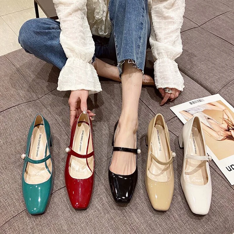 Rimocy Patent Leather Square Heels Pumps Women Pearl Square Toe Med Heel Office Shoes Woman Elegant Slip on Mary Janes Ladies