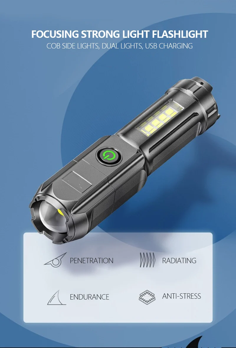 Description Picture 2 of itemFlashlight Portable Telescopic Led Rechargeable Usb Charging Lighting Flashlight Outdoor Lighting Lamp Spotlight Strong Light