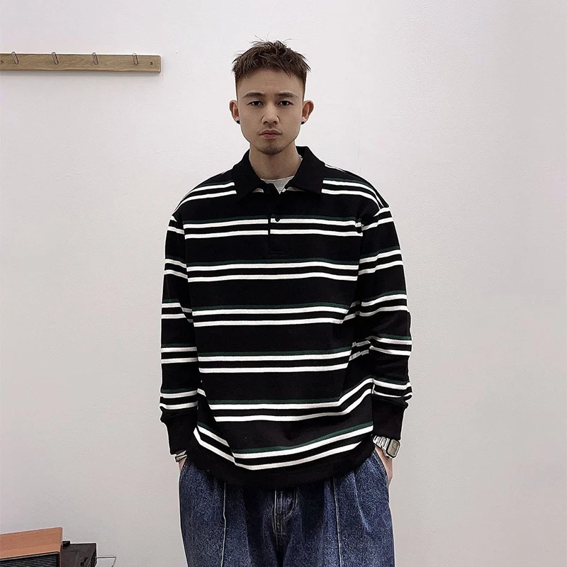 

Spring Autumn Loose Striped Print Long Sleeve Men Polo T Shirts Vintage Fashion Harajuku Punk 2xl Oversized Pullovers Streetwear