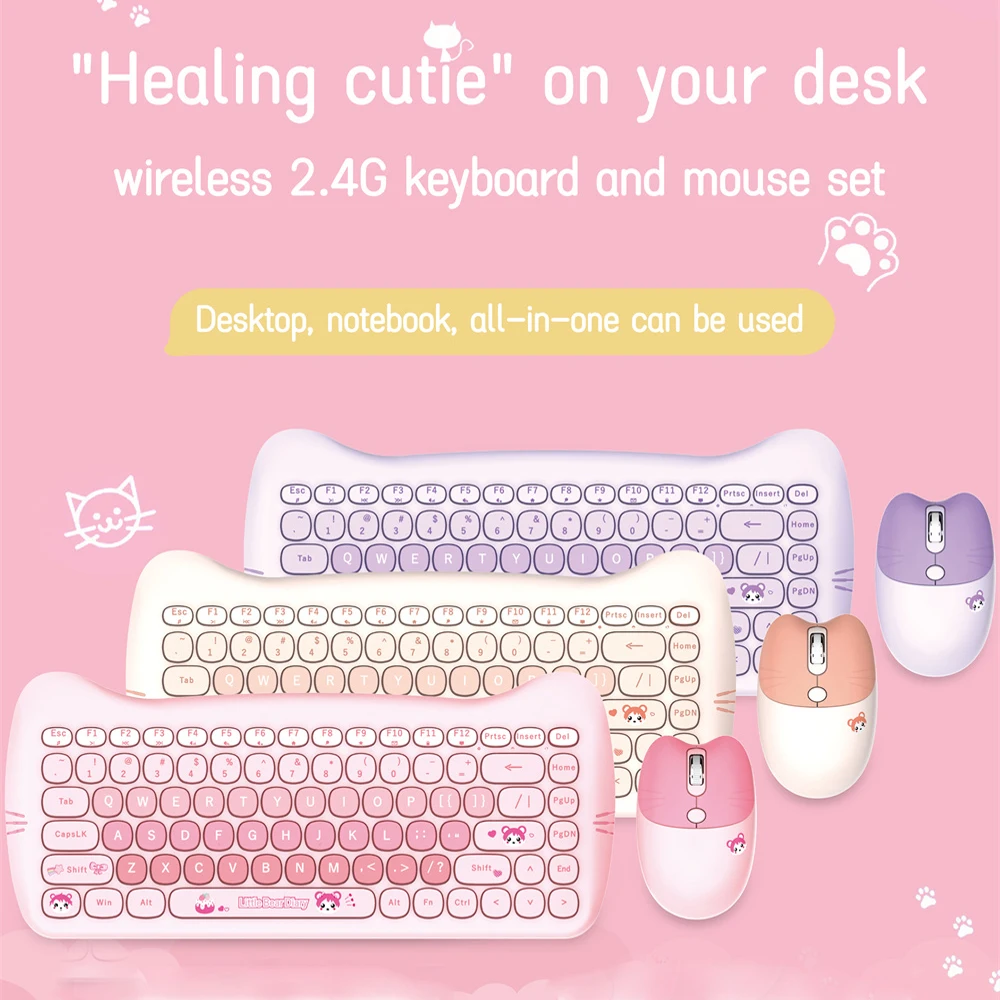 

MOFII Kawaii Cat 2.4G Wireless Keyboard and Mouse Set Cute Lipstick Punk Keyboards and Mice Combos 84 Keycap Frosted Touch