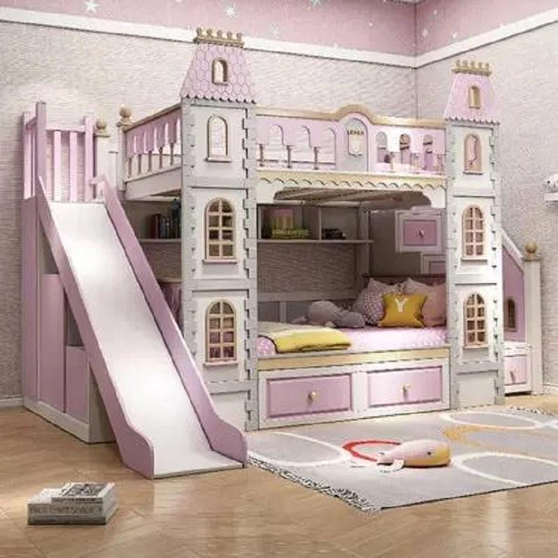 Full solid wood children's bed, double layered bed, high and low two princesses, dreamy castle slide