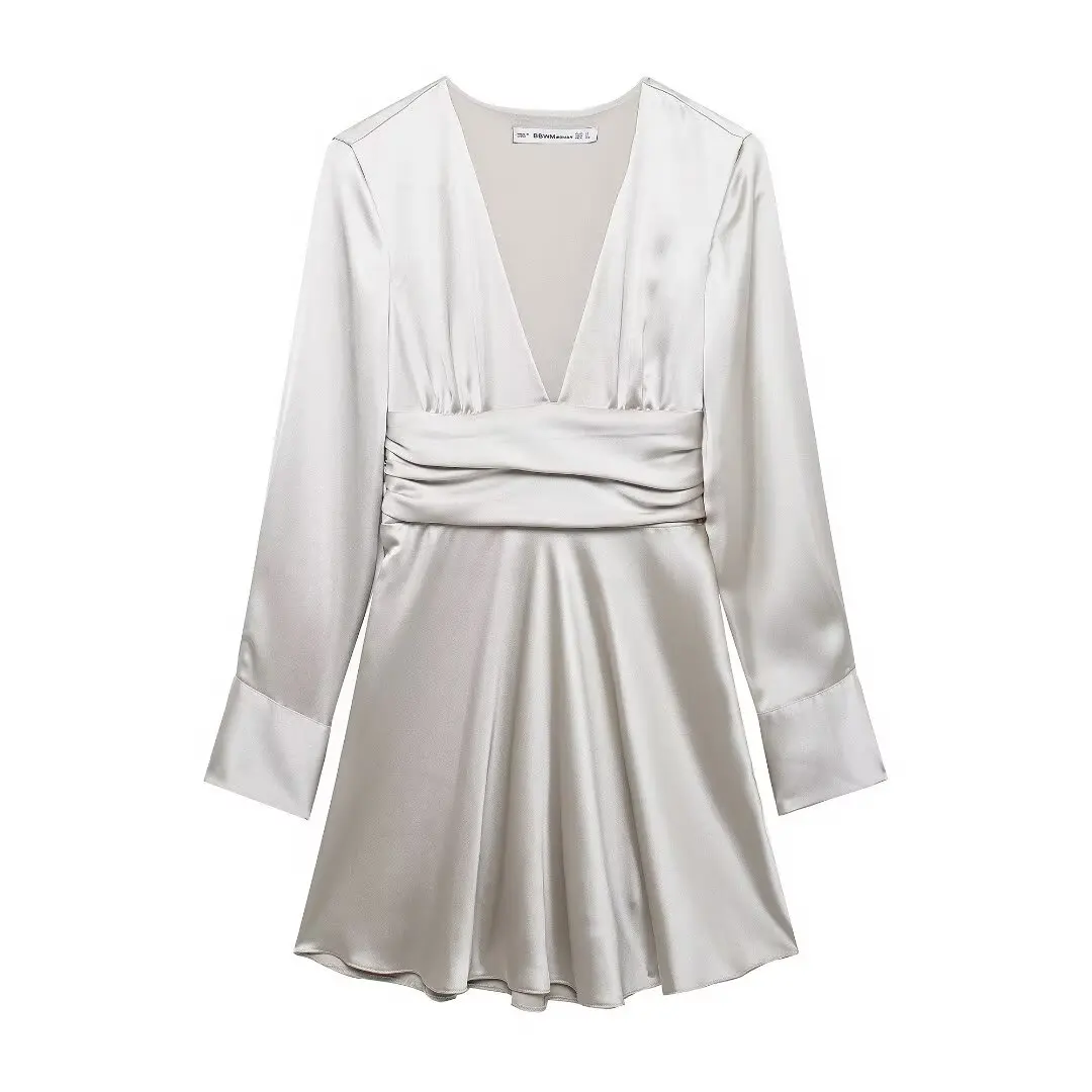 thumbnail image 1 of TRAFZA HH TRAF Colección de moda femenina Vestido plisado de manga larga con cinturón estilo camisa para mujer Vestido mini con textura satinada y escote en V para mujer, 1 of 4