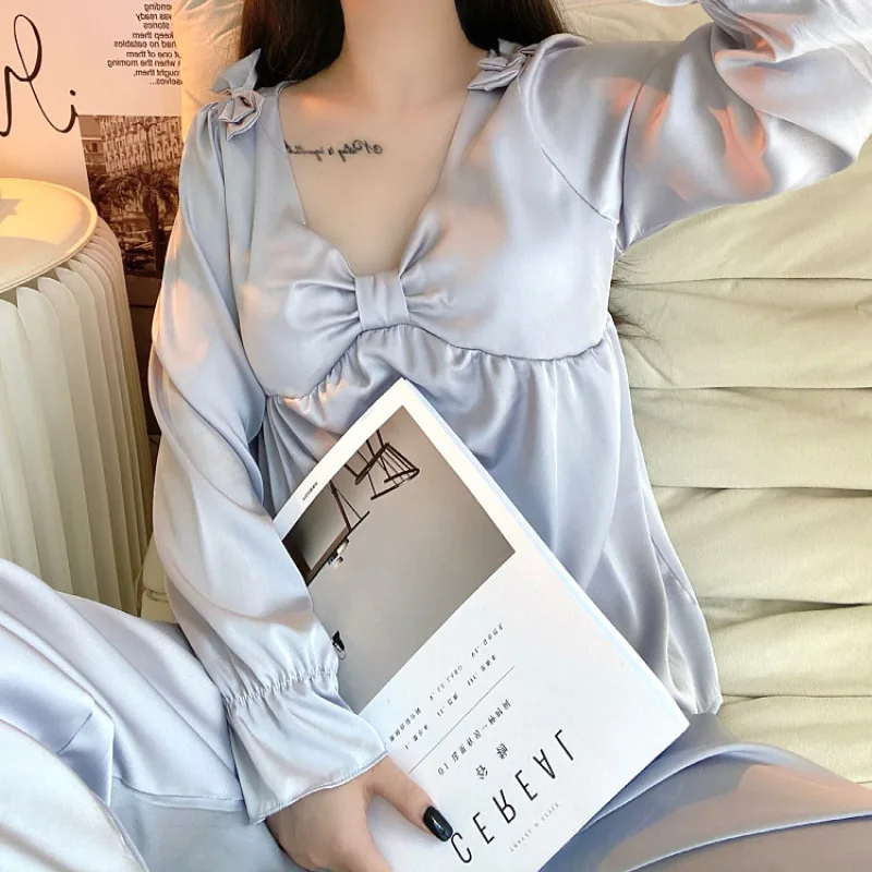Women's Pajamas Set Solid Pijama Faux Silk Satin Bow Pyjama Female Sleepwear Long Sleeve V-Neck Shirt Pants Suits Homewear