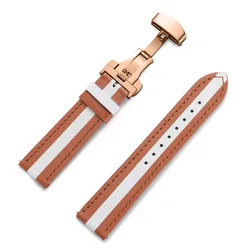 Premium Genuine Leather Watchband with Butterfly Buckle - 20mm Quick Release Strap - 22mm (Brown White - RoseGold)