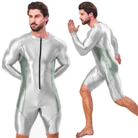 AMORESY Men Glossy Satin One Piece Tights Front Zipper Long Sleeve Spandex Sports Jumpsuit Fitness Gymnastics Overalls Bodysuits 1