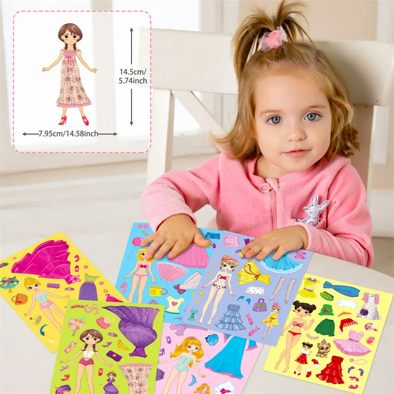 6-24sheets Prinses Dress-Up Diy Stickers Voor Kinderen Maken Een Gezicht Sticker Pad Maak Je Eigen Meisjes Puzzel Puzzel Feestartikelen