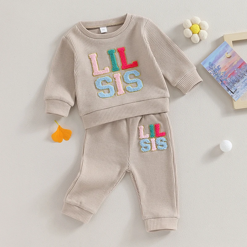 

0-24M Infant Baby Girls 2pcs Waffle Clothes Sets Letter Pattern Long Sleeve Tops Elastic Pants Outfits Casual Fall Clothing