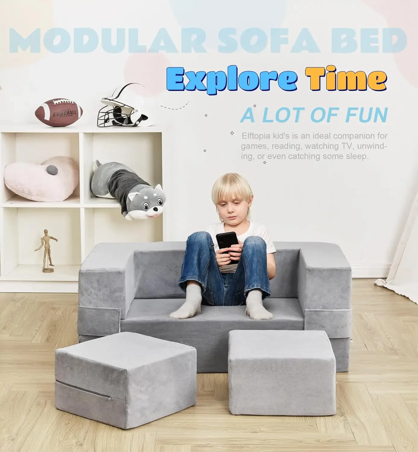 Modular Kids Sofa,Toddler Couch Foam Armchair for Kids, Children Convertible Plush Sofa Play Set,Fold Out Sofa Bed(Grey)