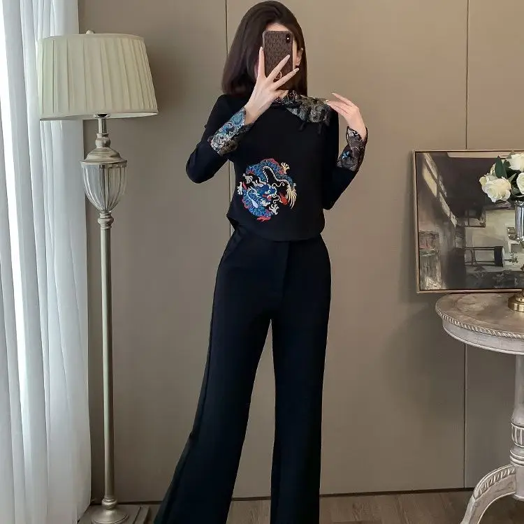 Spring and Autumn Fat MM Retro Chinese Style New Chinese Style Set Fashion Design Top+Wide Leg Pants Two Piece Set