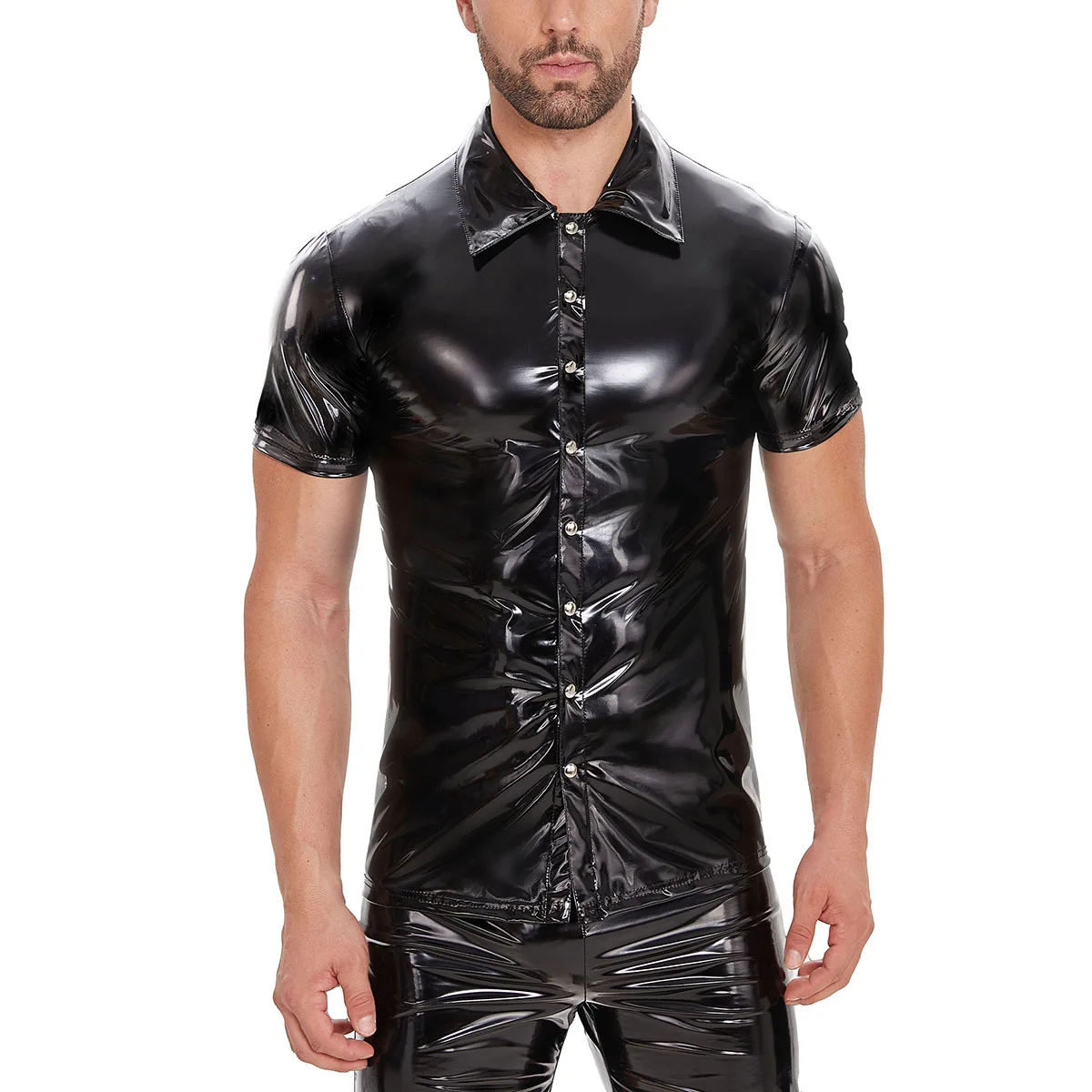 

Mens Black Glossy PVC Leather Shirts Short Sleeve Latex Wetlook Patent Leather T Shirt Tops Male Turn-down Collar Casual Shirts