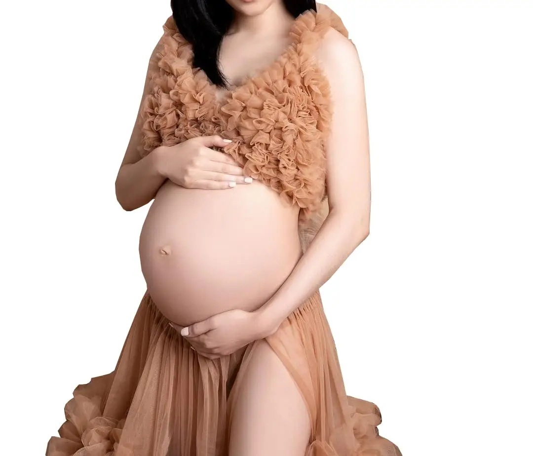 Vestido de maternidad para sesión de fotos, conjunto de 2 piezas, tul plisado, abertura frontal, largo hasta el suelo, sesión de fotos, Baby Shower
