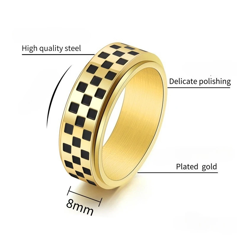 Checkered Gold-Plated Spinner Ring - Stylish Anxiety & Stress Relief Jewelry Gift