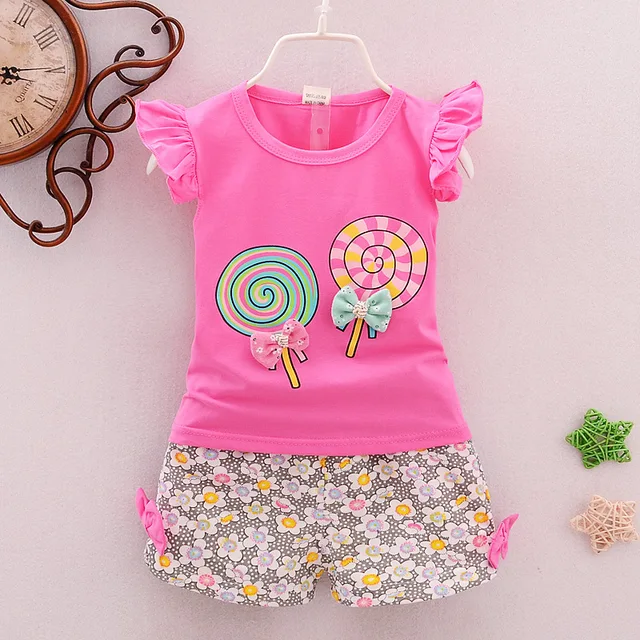 Summer Cute Cartoon 2PCS Kids Baby Girls Floral T-shirt Top Shorts Pants Set Clothes Girls Clothing Sets BangBangTang-red